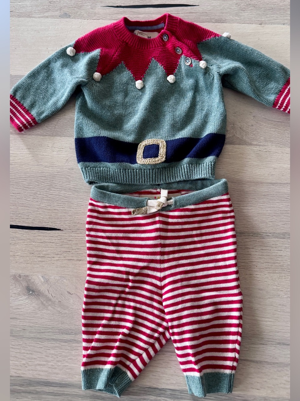 Baby Boden Elf Knit Red & White Striped Knit Top with Green Trim and Gold